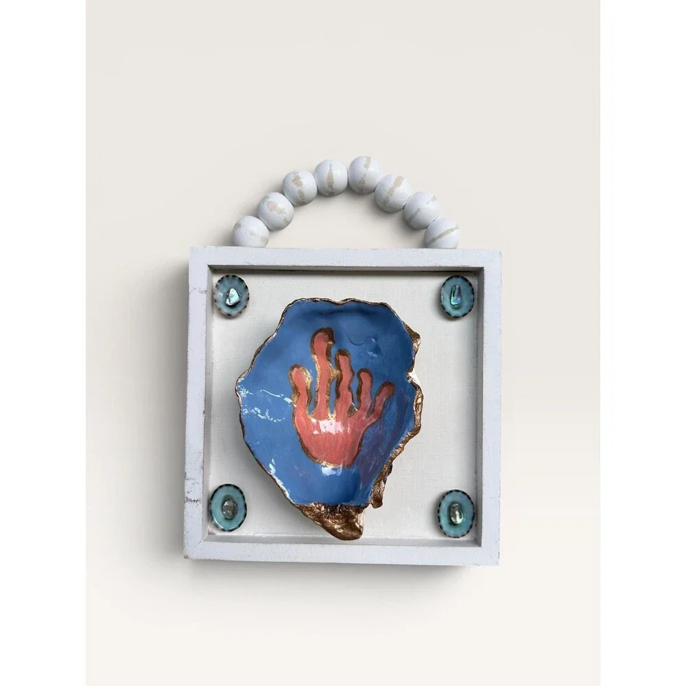 Hand-Painted Coral Oyster Shell Framed Art Sign Beach House Decor, Limpet Shells